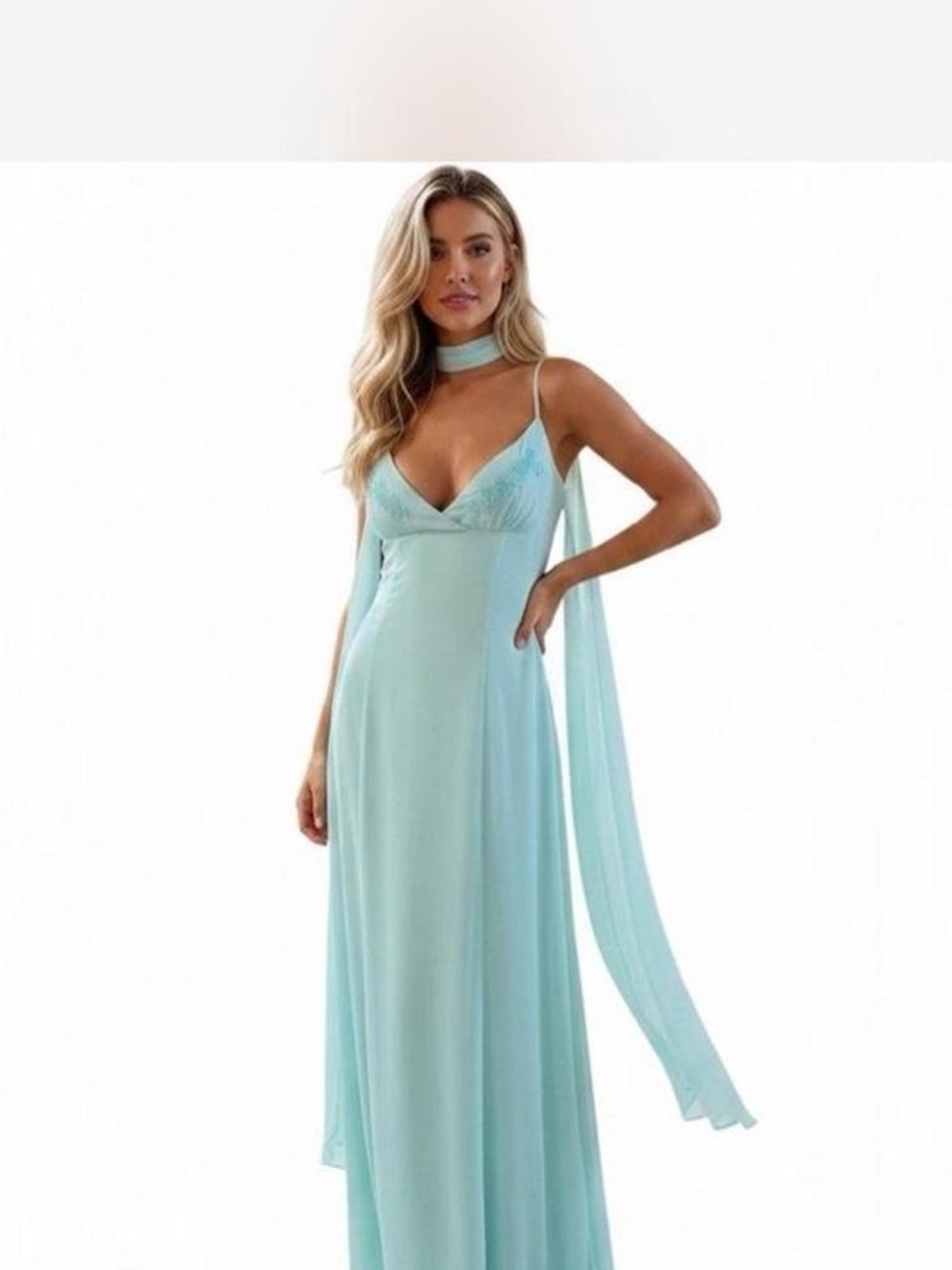 Elegant Mint Green Jadira Chiffon Maxi Dress with Draped Scarf by Princess Polly